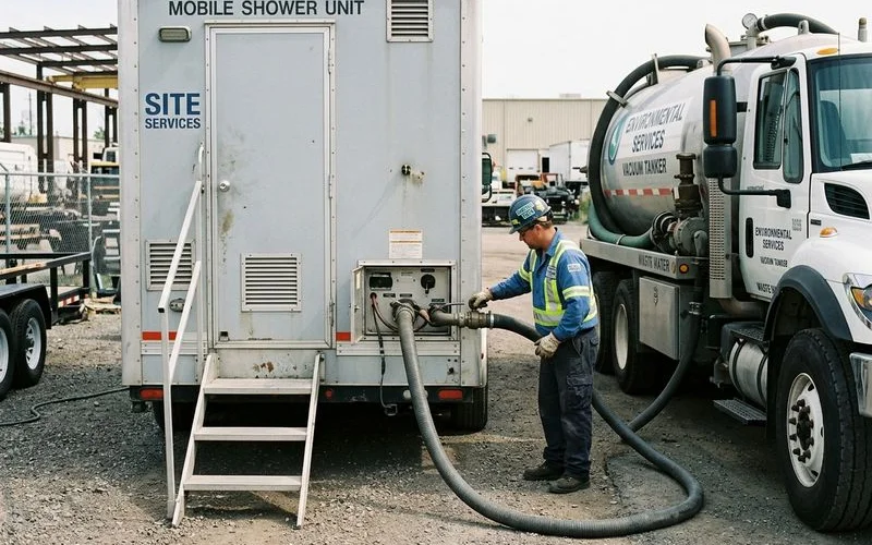 Shower trailer with greywater service truck connected