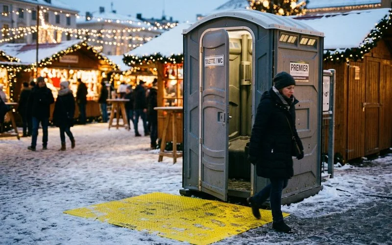 Insulated porta potty at winter holiday market