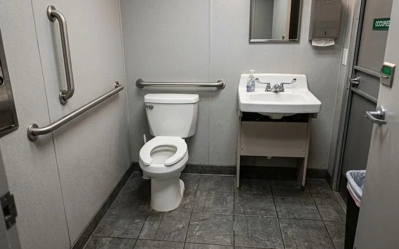 ADA trailer interior with grab bars and accessible sink