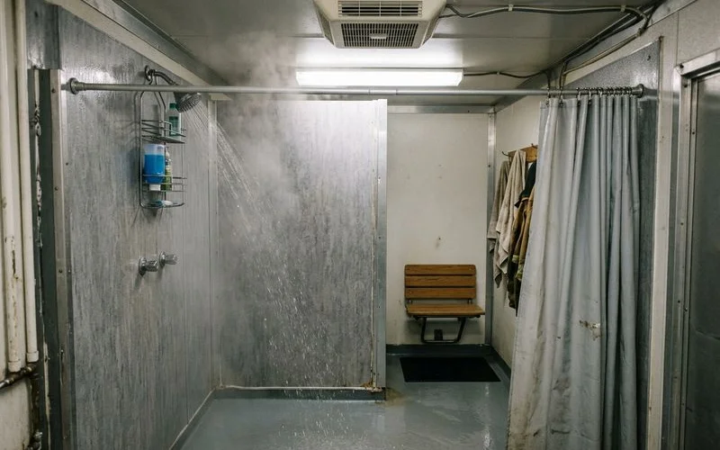 Interior of shower trailer stall with private changing