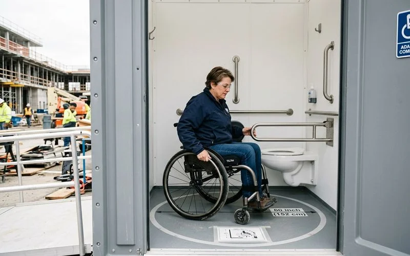 Interior of ADA portable toilet showing wheelchair clearance