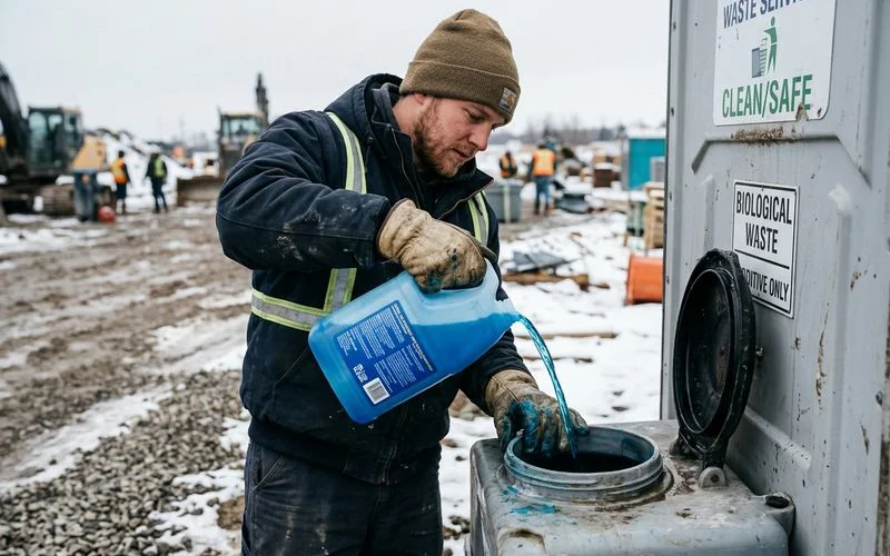 Technician adding freeze-resistant additive to porta potty