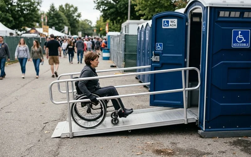 Wheelchair access to ADA portable toilet at event