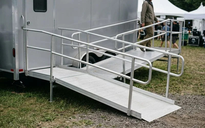 ADA trailer ramp configuration with handrails