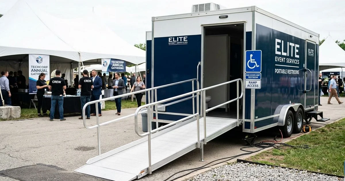 ADA accessible restroom trailer with ramp at corporate event