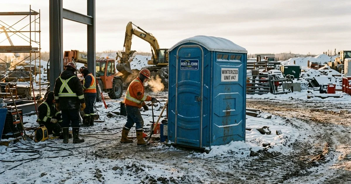 Winterized porta potty at snowy construction site