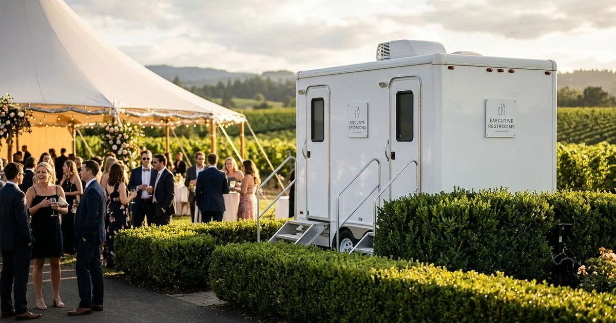 Restroom trailer at vineyard wedding reception