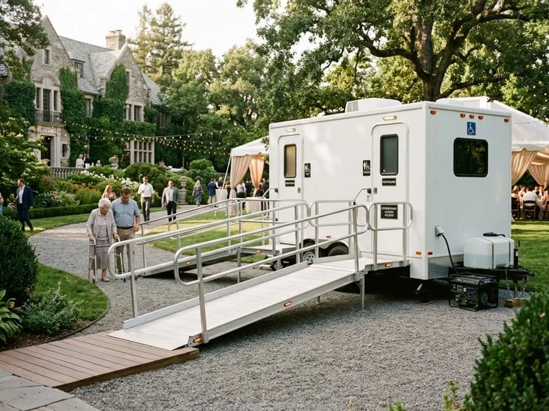 ADA accessible restroom trailer with ramp at estate wedding