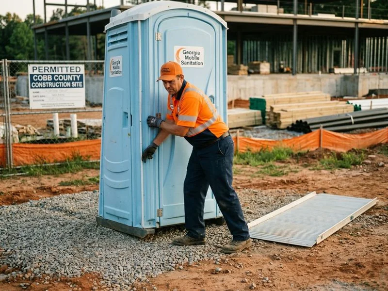 Technician placing ADA unit with ramp at construction site