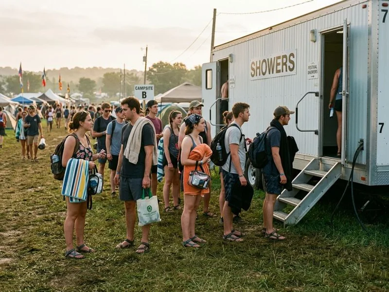 Festival attendees at shower trailer