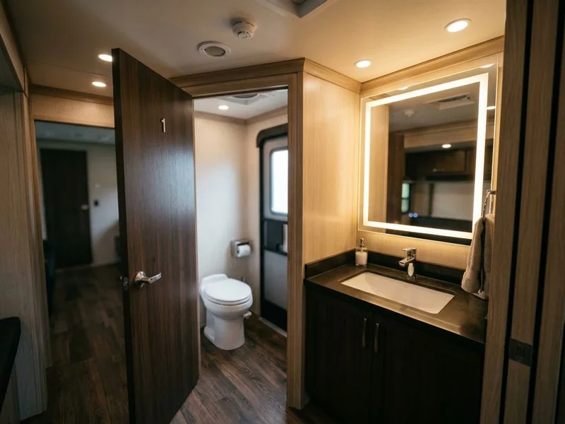 Restroom trailer interior showing porcelain toilet and vanity mirror