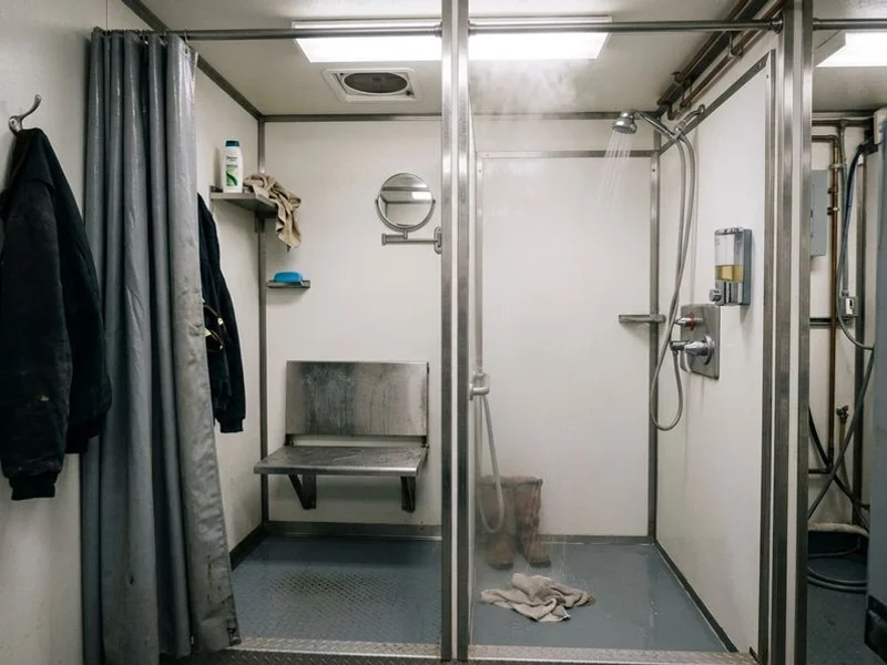 Shower trailer stall interior with changing area