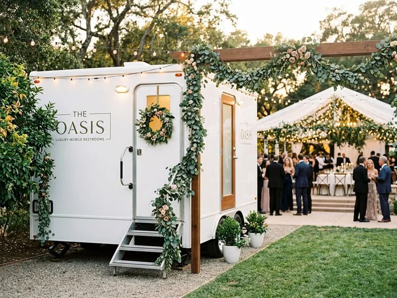 Restroom trailer at outdoor wedding