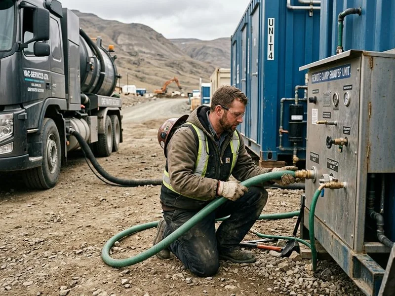 Technician connecting freshwater to shower trailer