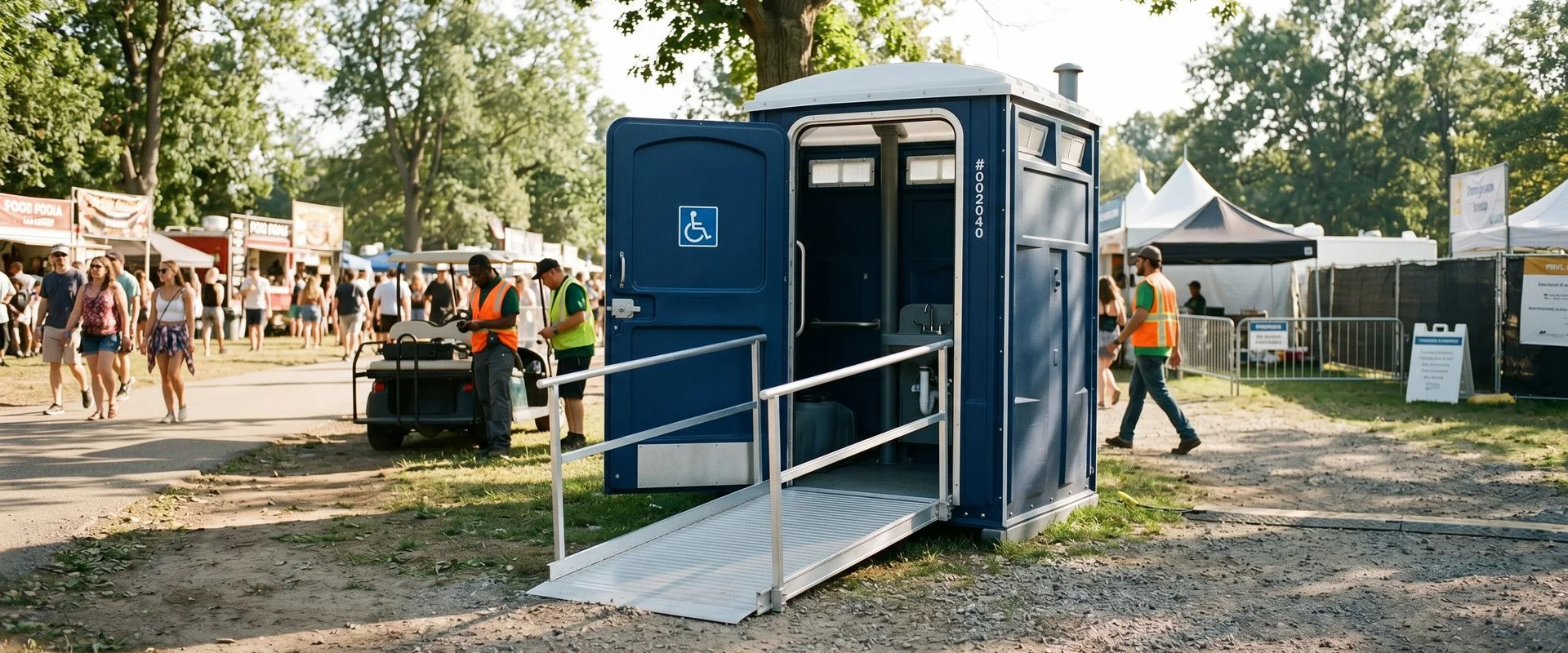 ADA-compliant portable toilet with ramped entry at outdoor event