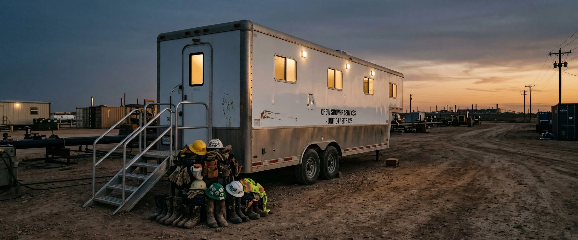 Mobile shower trailer at remote work camp at dusk