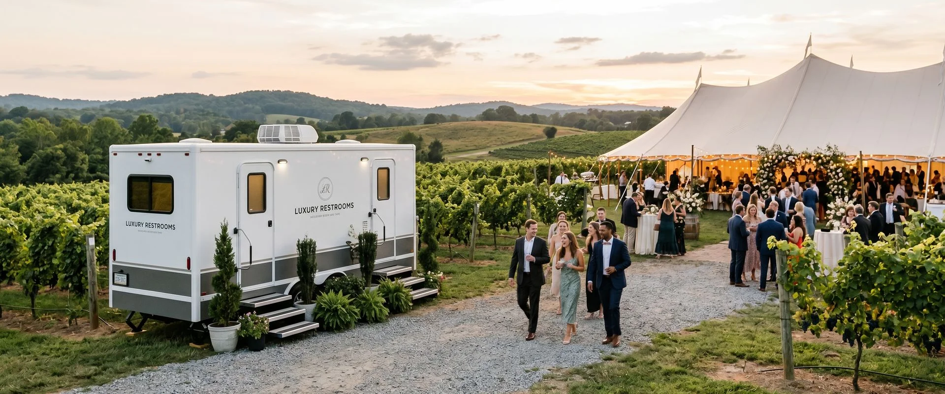 Luxury restroom trailer at vineyard wedding venue