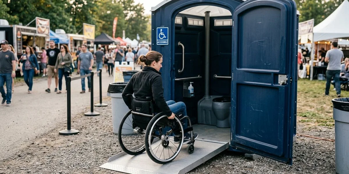 Person entering an ADA portable toilet via the wide clearance door