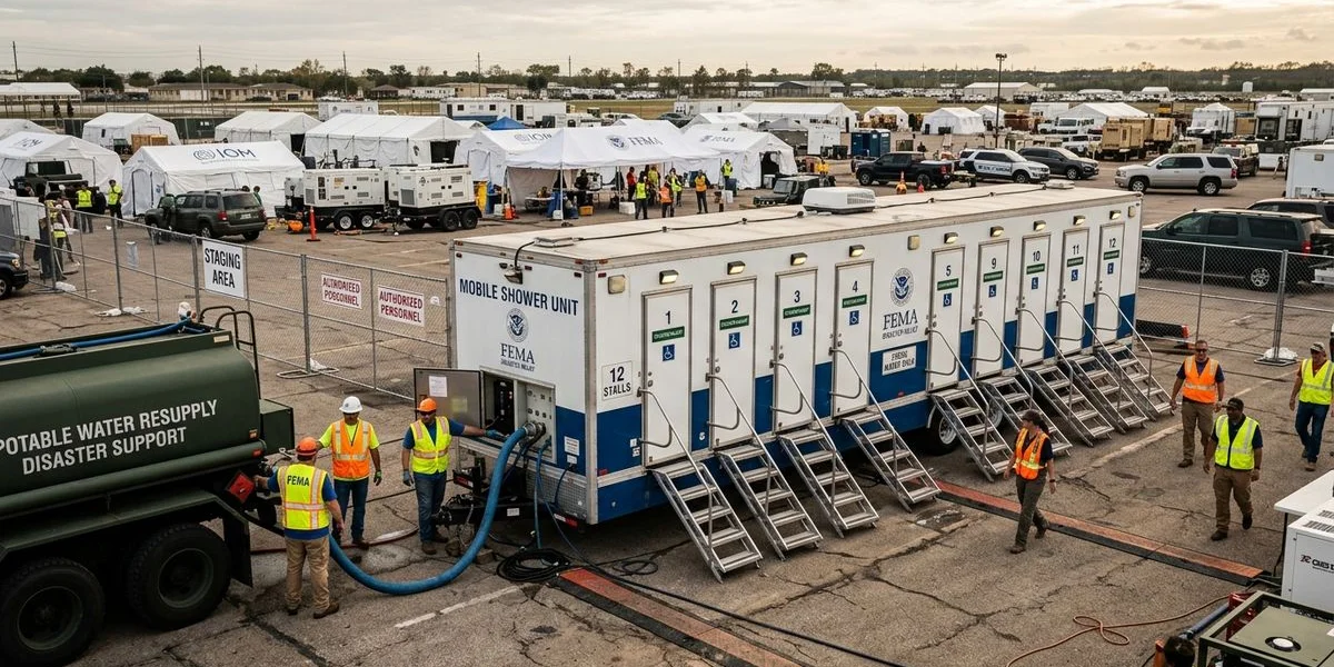 Multi-stall shower trailer deployed at disaster staging area