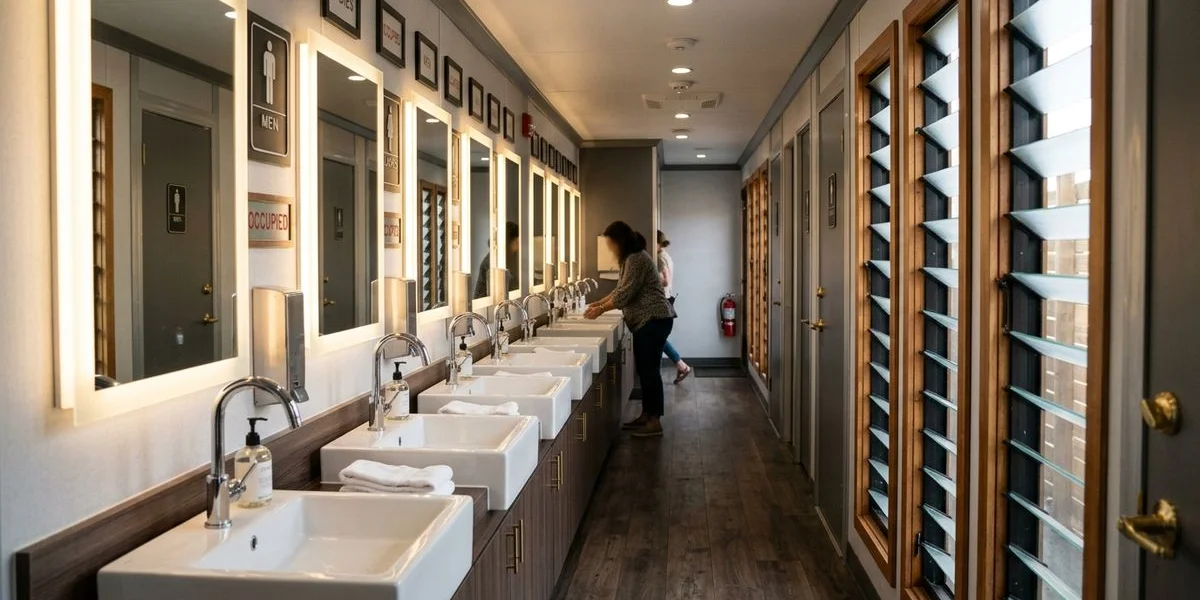 Interior hallway of a luxury restroom trailer with porcelain sinks and vanity lighting